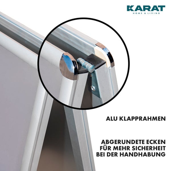 Detailansicht eines Aluminium Klapprahmens mit abgerundeten Ecken für mehr Sicherheit bei der Handhabung. Karat Home Living Logo.
