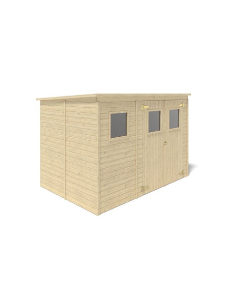 Gartenhaus aus Holz mit Pultdach, Doppeltür und Fenstern.