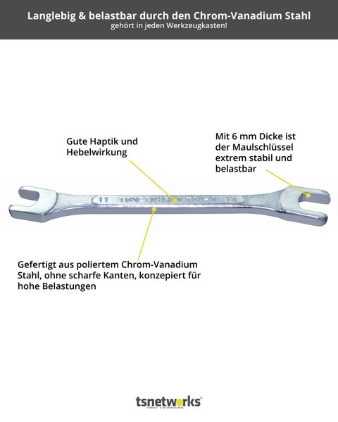 Maulschlüssel extra flach 11 + 13mm, Schraubenschlüssel extrem stabil, Gabelschlüssel für F Stecker & enge Stellen, professioneller Montageschlüssel, zur Sat Schüssel Fixierung