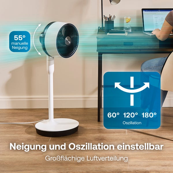 Weißer Standventilator in hellem Büro neben Schreibtisch. Symbole zeigen 55 Grad manuelle Neigung sowie 60, 120 und 180 Grad Oszillation.