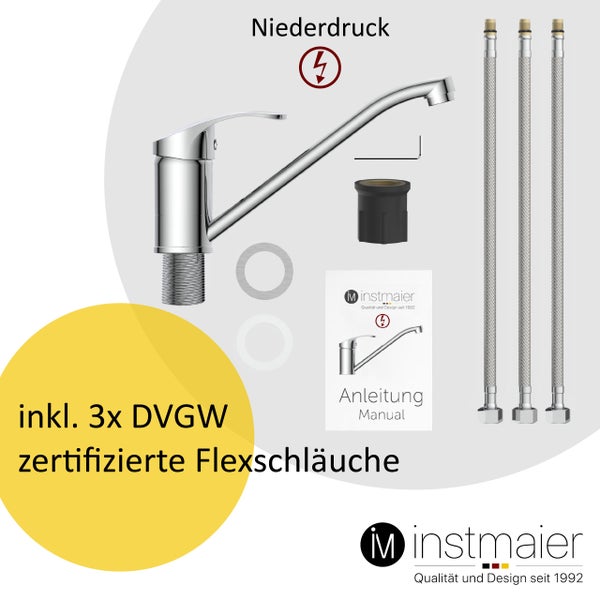 instmaier Niederdruck Küchenarmatur K1 | 360° schwenkbar | Wasserhahn Küche | Spültischarmatur Chrom | mit Zentralverschraubung