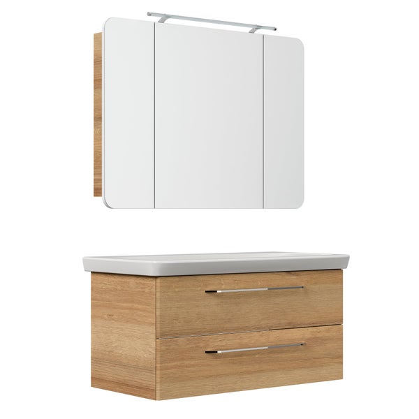 FACKELMANN MILANO Badmöbelset 3-teilig, 100 cm Breite Waschtisch mit Unterschrank und Spiegelschrank in Holz braun, inkl. LED-Beleuchtung mit Soft-Close-System