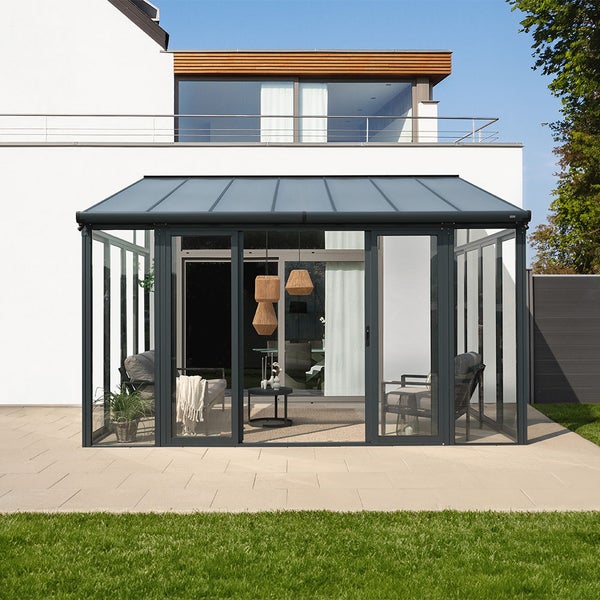 Home Deluxe - Wintergarten AMARIS - Anthrazit- B/T/H: 312 / 224 x 428 x 300 cm - inkl. Hohlkammerplatten, Polycarbonatplatten, Montagematererial I Hausanbau Terrassenüberdachung Glasanbau