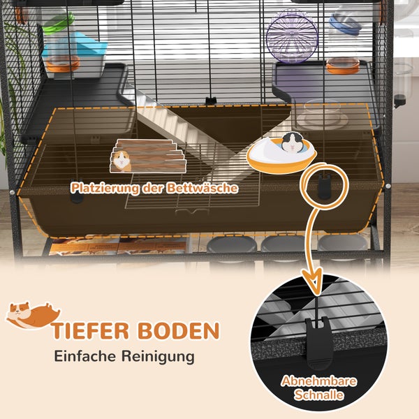 PawHut Hamsterkäfig Nagerkäfig mit Rädern, Röhren, Ablagefläche, Rampen, Laufrad, Futternapf, Wasserflasche, Kleintierkäfig Meerschweinchen Käfig Mäusekäfig für Rennmäuse, syrische Hamster, Schwarz