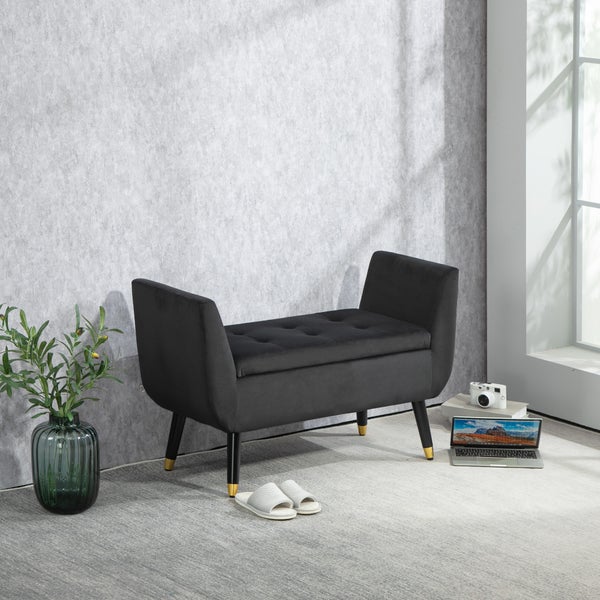 HOMCOM Sitzbank mit Stauraum Armlehnen Polsterbank mit Samtoptik, Sitztruhe mit Holzbeine, Truhenbank für Wohnzimmer Schlafzimmer Flur 107 x 42 x 65 cm, Dunkelgrau