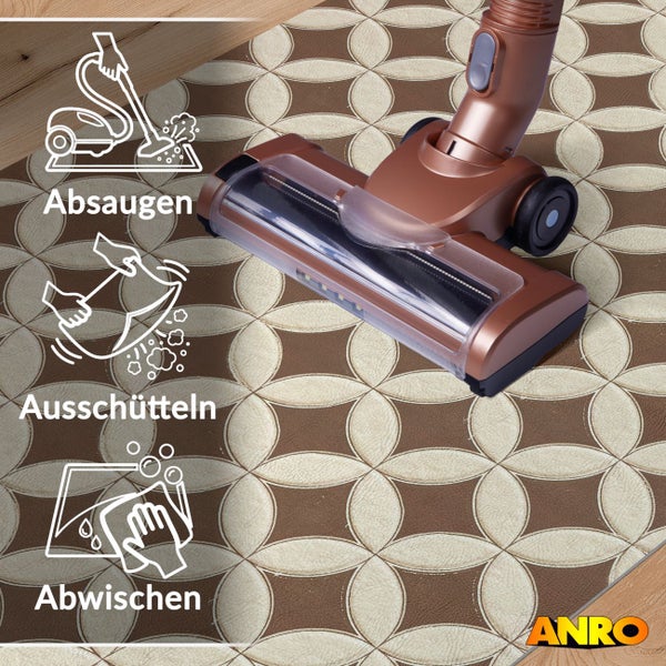 Matte mit geometrischem Muster, geeignet zum Absaugen, Ausschütteln und Abwischen. ANRO Logo.