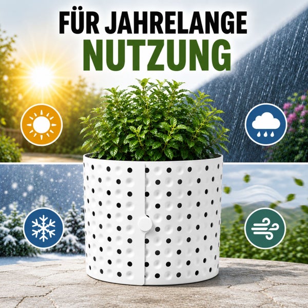 Weißer Pflanztopf mit Lochmuster und grüner Pflanze, wetterbeständig bei Sonne, Regen, Schnee und Wind für langjährige Nutzung.