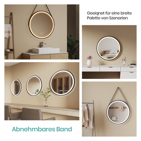 EMKE Badspiegel mit Beleuchtung LED-Spiegel mit Touchschalter ф60cm,  rund, Anti-Beschlag, 3 dimmbare Lichtfarben