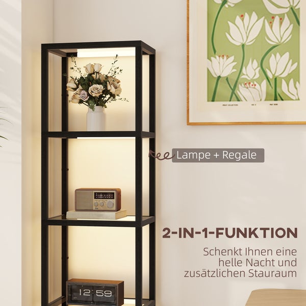 Schwarzes Standregal mit zwei in eins Funktion als Lampe und Regal mit vier Ebenen für Dekoration und Aufbewahrung.