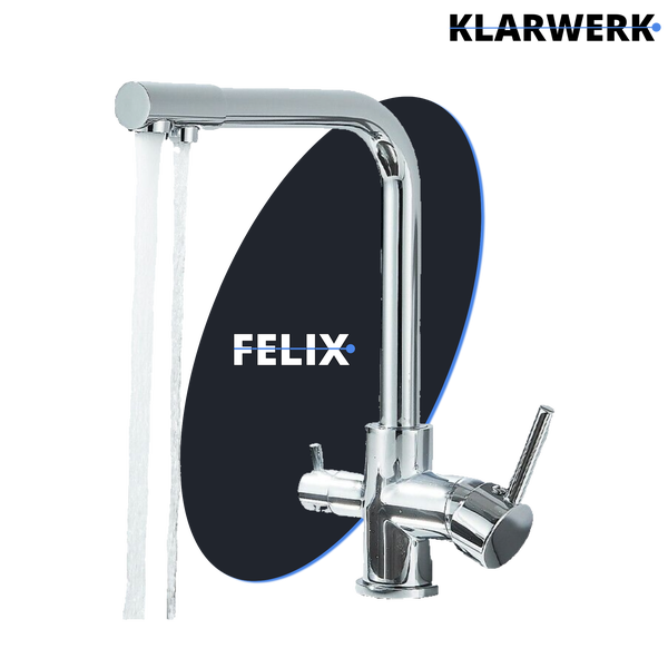 FELIX 3-Wege-Küchenarmatur aus Chrom mit hohem Auslauf, zwei Hebeln und separaten Auslässen für Leitungswasser und gefiltertes Wasser. FELIX Logo.