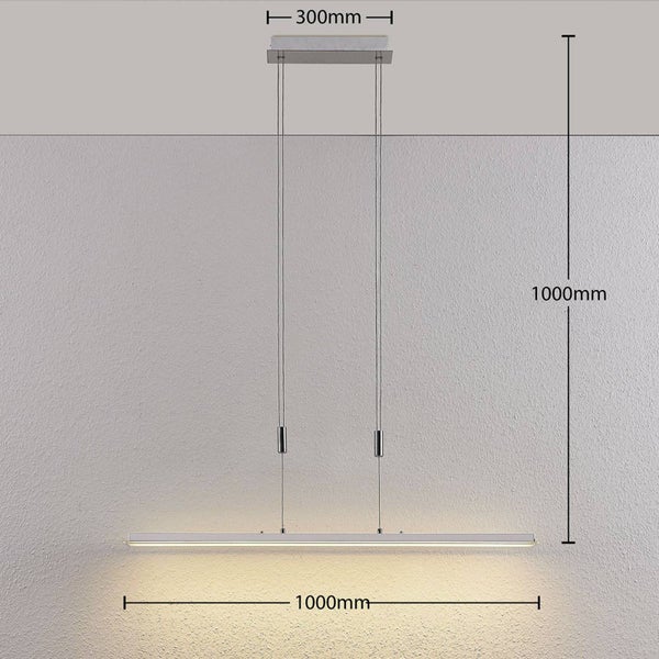 LED-Pendelleuchte mit Maßen: Breite 1000 Millimeter, maximale Höhe 1000 Millimeter und Deckenhalterung Breite 300 Millimeter.