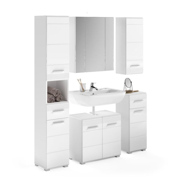 Badezimmermöbel-Set in Weiß mit Hochschrank, Spiegelschrank, Waschbecken inklusive Unterschrank, Hängeschrank und Beistellschrank.