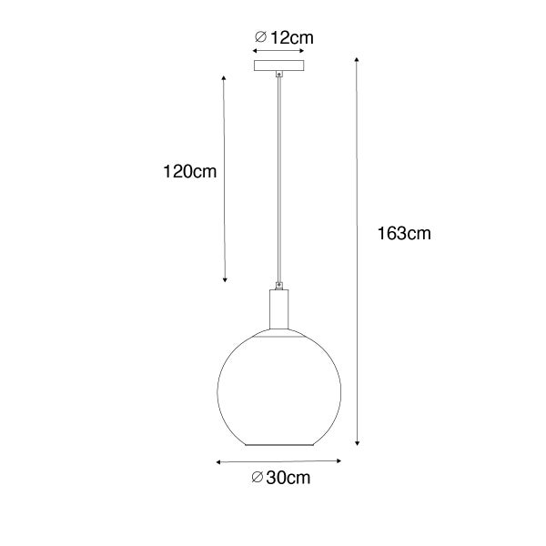 Skizze einer Pendelleuchte mit den Maßen: 12 Zentimeter Durchmesser Deckenhalterung, 120 Zentimeter Kabellänge, 163 Zentimeter Gesamthöhe, 30 Zentimeter Durchmesser Lampenschirm