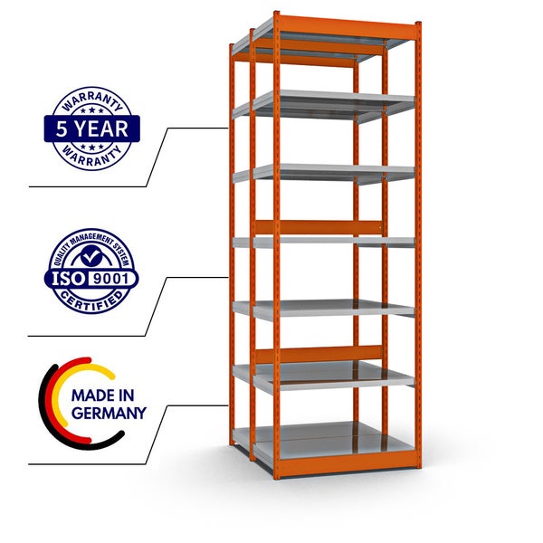 PROREGAL Fachbodenregal Stecksystem Vierkant-Profil Grundregal HxBxT 300 x 102,5 x 50 cm 2x7 Ebenen Doppelseitige Bauart Fachlast 200 kg Orange