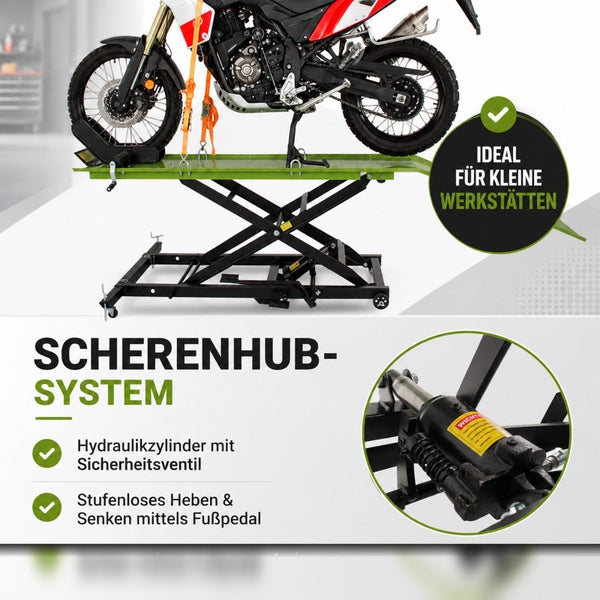 Motorrad-Scherenhubtisch mit Hydraulikzylinder, Sicherheitsventil und Fußpedal zum Heben und Senken. Geeignet für kleine Werkstätten.