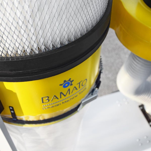 Detailansicht eines gelben Industriestaubsaugers mit Bamatologo und Filter