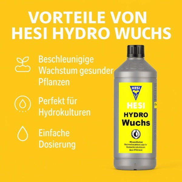 HESI HYDRO Wuchs Flüssigdünger für Hydrokulturen mit Vorteilen wie beschleunigtem Wachstum gesunder Pflanzen und einfacher Dosierung.