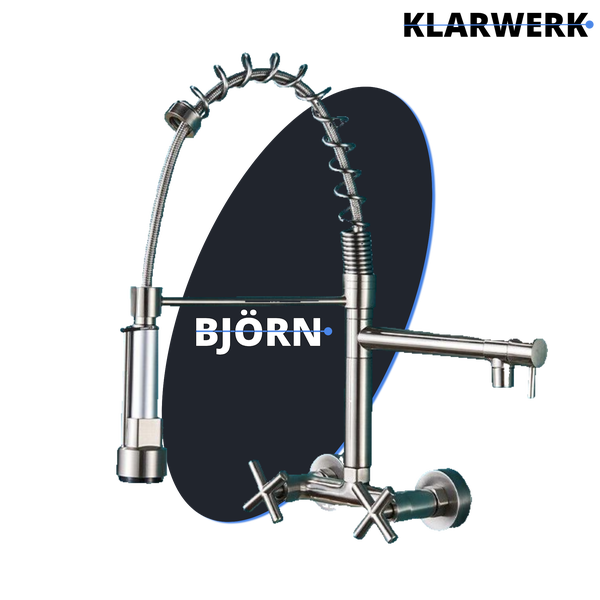 Björn | Gastronomie Wandmontage Armatur Silber gebürstet | Profi Küchenarmatur Edelstahl Zwei Brausen | Doppelspülbecken Wasserhahn Restaurant Wand