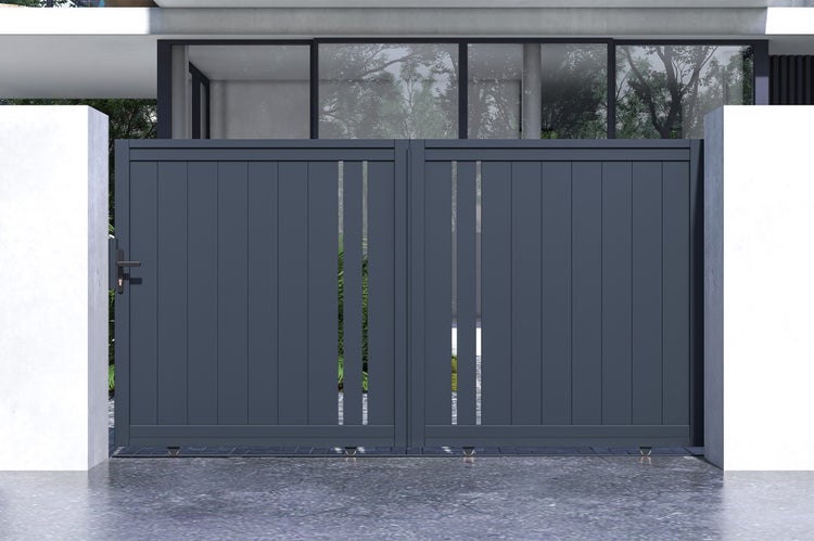 Schiebetor 3m GIONA H.160cm graues Aluminium + 2 Pfosten 20x20cm H.190cm