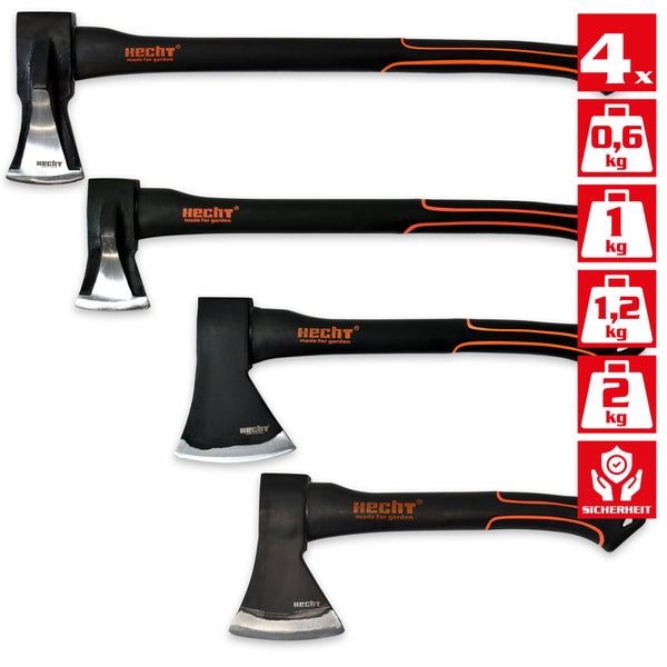 Mehrere Hecht Äxte mit Gewichtsangaben und Sicherheitssiegel.