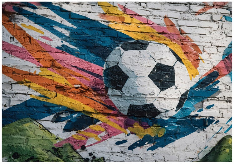 Fototapete mit einem Graffiti Fußball und dynamischen Farbstrichen auf einer gemauerten Backsteinwand.