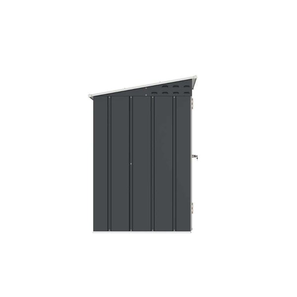 Seitenansicht eines Gerätehauses aus Metall mit Pultdach in Anthrazit.