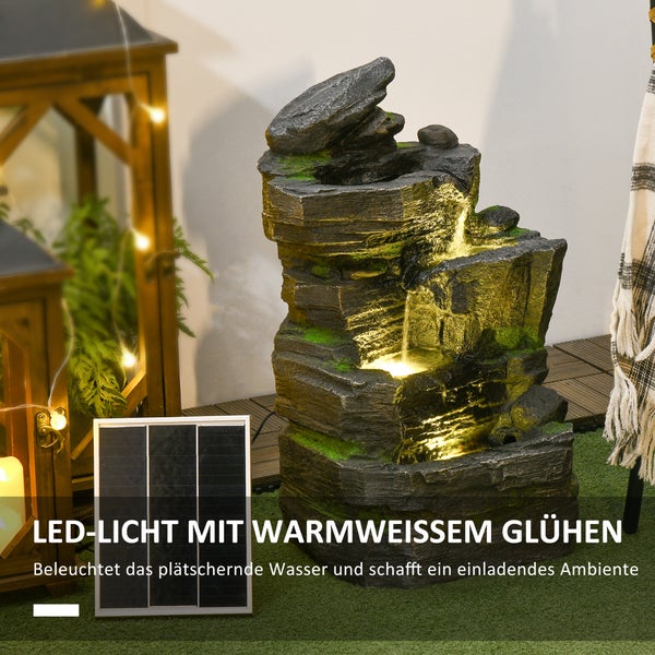 Outsunny Gartenbrunnen, Solar Springbrunnen mit 4 Stufen,  LED-Beleuchtung, für Garten, Balkon, 34 x 28 x 57 cm, Kunstharz, Dunkelgrau