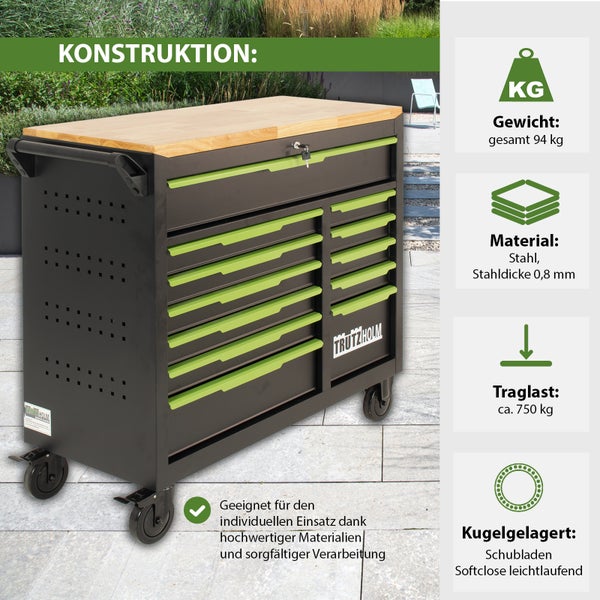 Werkstattwagen aus Stahl mit Holzplatte, elf Schubladen, Traglast circa 750 Kilogramm, kugelgelagert mit Softclose, Gesamtgewicht 94 Kilogramm.