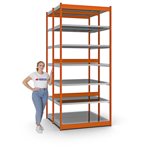 PROREGAL Fachbodenregal Stecksystem Vierkant-Profil Grundregal HxBxT 300 x 132,5 x 60 cm 2x7 Ebenen Doppelseitige Bauart Fachlast 200 kg Orange
