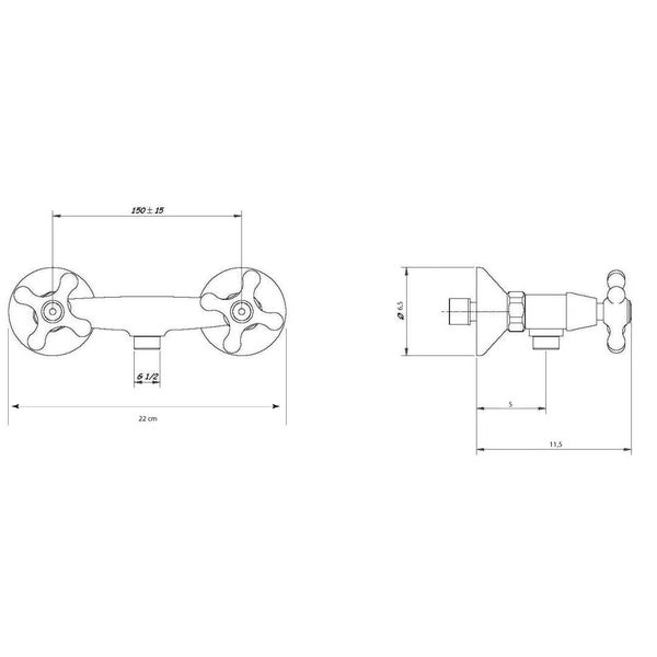 Technische Zeichnung einer Wasserarmatur mit Maßangaben