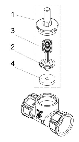 Explosionszeichnung eines Ventiloberteils Nennweite 25 mit nummerierten Einzelteilen wie Kopfstück, Feder, Ventilteller und Dichtung.