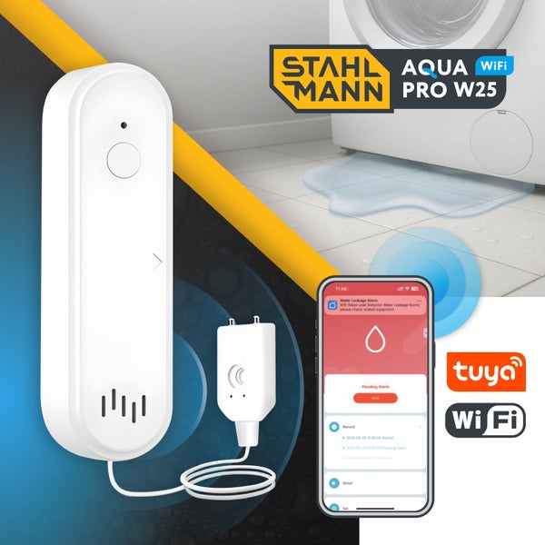 Stahlmann Aqua Pro W25 WiFi Wassermelder mit Benachrichtigung über die Tuya App bei einer Wasserleckage an einer Waschmaschine.
