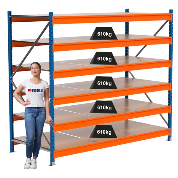 Metallregal mit fünf Regalböden und einer Traglast von 610 Kilogramm pro Ebene.