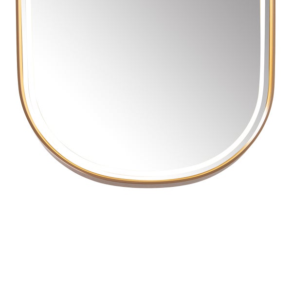 Teilansicht eines Spiegels mit abgerundeten Kanten und goldenem Rahmen