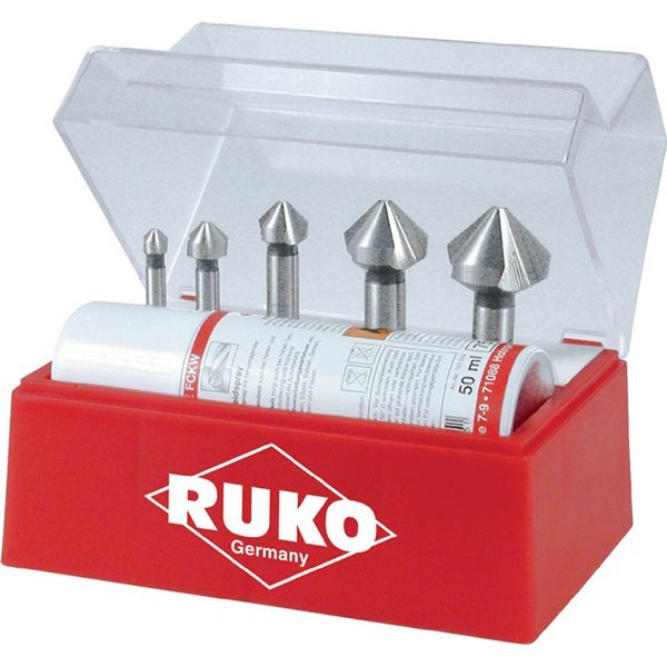RUKO Kegel- und Entgratsenker-Satz 6tlg. DIN 335 Form C 90° HSS Ø 6,3 - 25 mm + Schneidspray 50 ml in Kunststoffkassette - 102142A