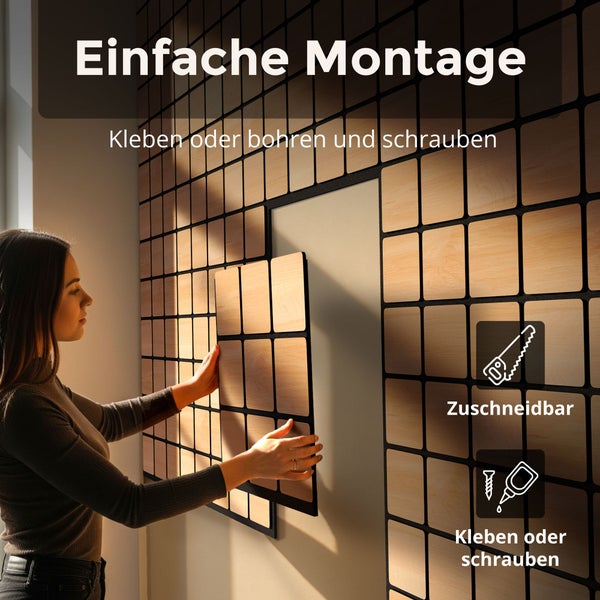 Eine Frau montiert quadratische Wandpaneele aus Holz. Die Paneele sind zuschneidbar und können geklebt oder geschraubt werden.