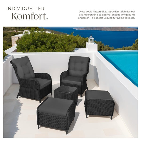 Rattan Sitzgruppe tectake Benissa mit Sicherheitsglasplatte für 2 bis 4 Personen schwarz/grau