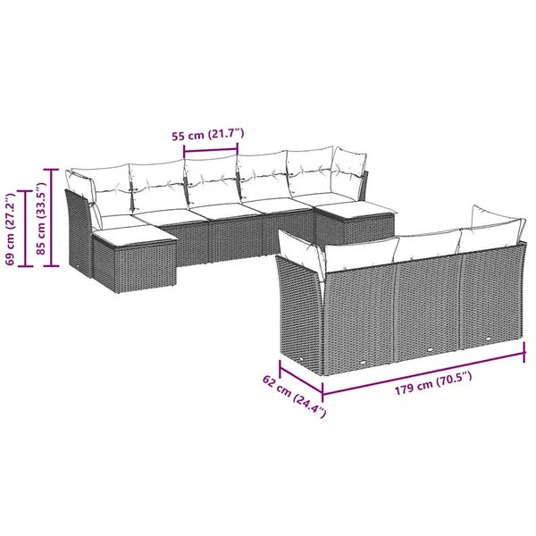 10-tlg. Garten-Sofagarnitur mit Kissen Hellgrau Poly Rattan
