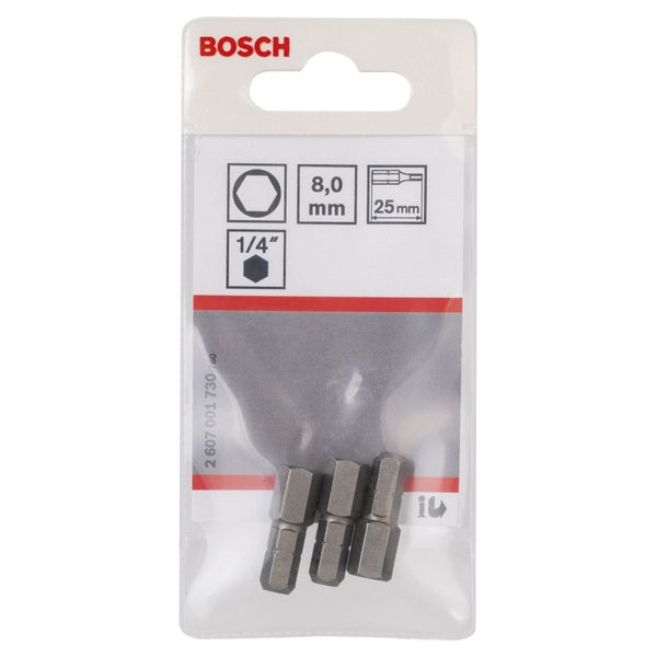 Bosch Logo, Sechskant Bits, 8 mm, 1/4 Zoll, 25 mm Länge in Verpackung