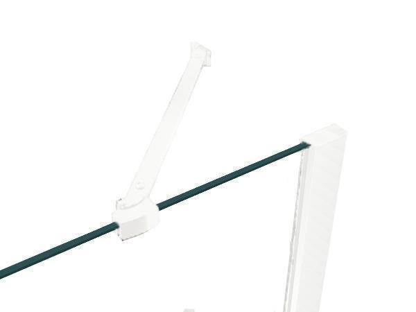 Weiße Stabilisationsstange für Duschwände an einer Glasscheibe.