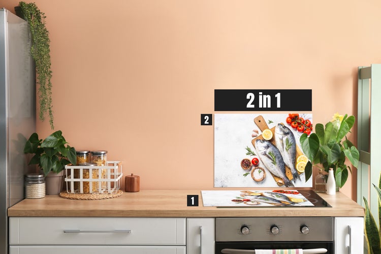Herdblende-/Abdeckplatte Abdeckplatte Herd - Acrylglas Fisch Tomaten Gewürze | Spritzschutz | Lokal produziert Camping | COV00064 | 60cm x 52cm  x 0.4cm