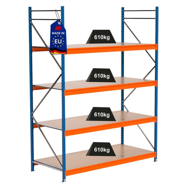 Lagerregal mit vier Ebenen und einer Traglast von 610 Kilogramm pro Ebene