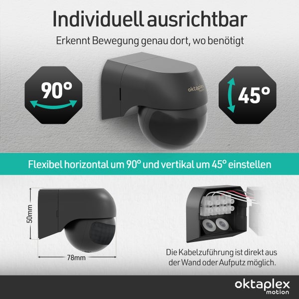 Oktaplex Motion Bewegungsmelder mit horizontaler 90 Grad und vertikaler 45 Grad Einstellbarkeit sowie Maßen und Kabelanschlussdiagramm.
