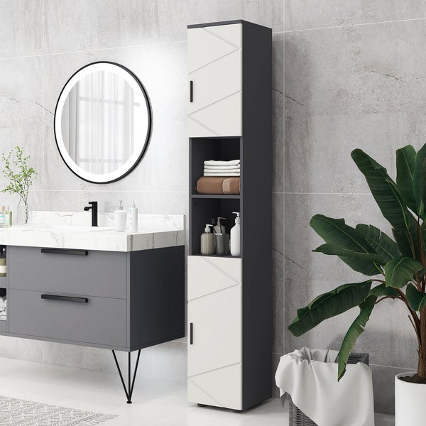 kleankin Badezimmerschrank schmal, Hochschrank Toilettenschrank mit Verstellbar Regal und 2 offenen Fächern, Badschrank für kleine Räume Badezimmer, Wohnzimmer 30 x 30 x 183 cm Grau