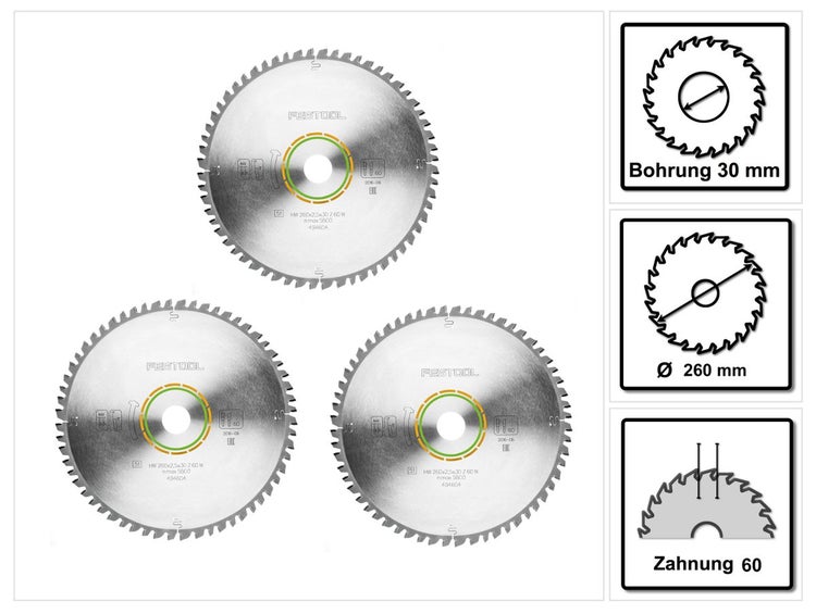 Festool Universal Sägeblatt W60 260 x 2,5 x 30 mm 3 Stück ( 3x 494604 ) für Kapp Zugsäge KS 120 und KS 88
