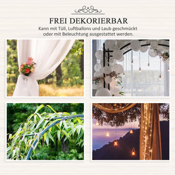 Vier Beispiele für die Dekoration eines Torbogens mit Tüll, Blumen, weißen Luftballons, grünem Laub und stimmungsvoller Beleuchtung.