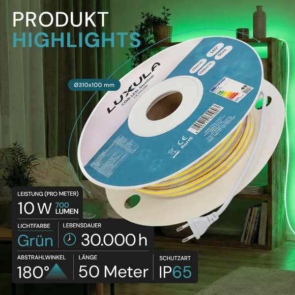 Luxula COB LED-Streifen, 50 Meter, grün, 10 Watt pro Meter, 700 Lumen, 180 Grad Abstrahlwinkel, IP65, Hintergrund Regal mit grünem Licht.