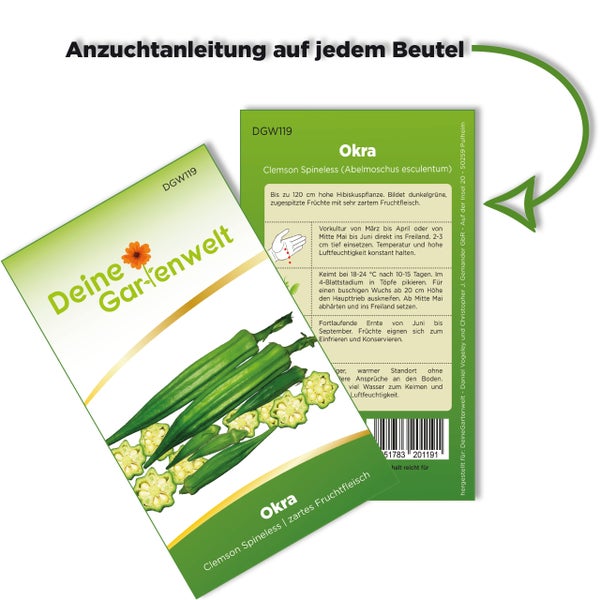 Vorderseite und Rückseite einer Samentüte für Okra Clemson Spineless der Marke Deine Gartenwelt mit Anzuchtanleitung.