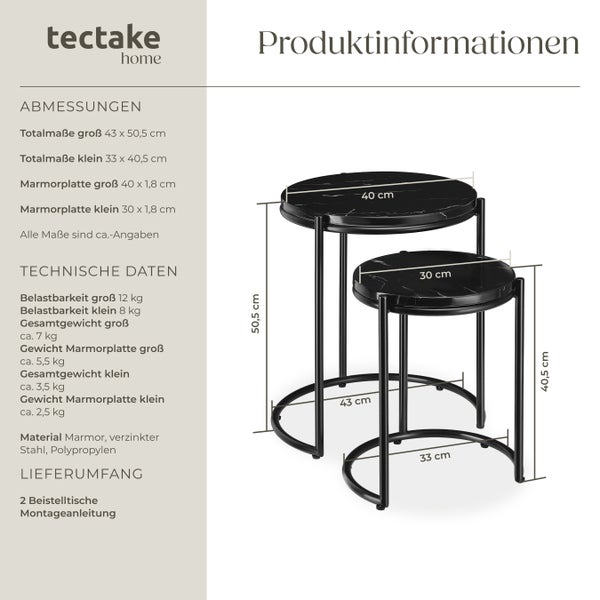 Beistelltisch tectake Ellsa ineinander schiebbar hochwertige Marmorplatten schwarz/schwarz