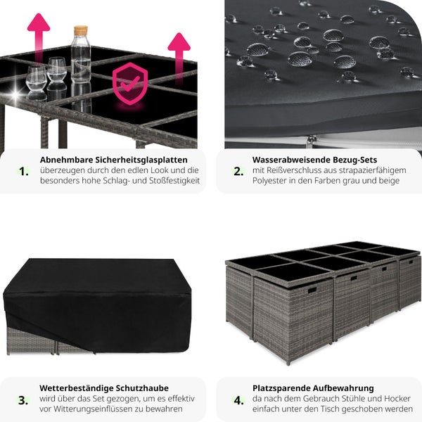 Rattan Sitzgruppe tectake New Orleans 2 Bezugssets, zusammenschiebbar, inklusive Schutzhülle mit Aluminiumgestell grau